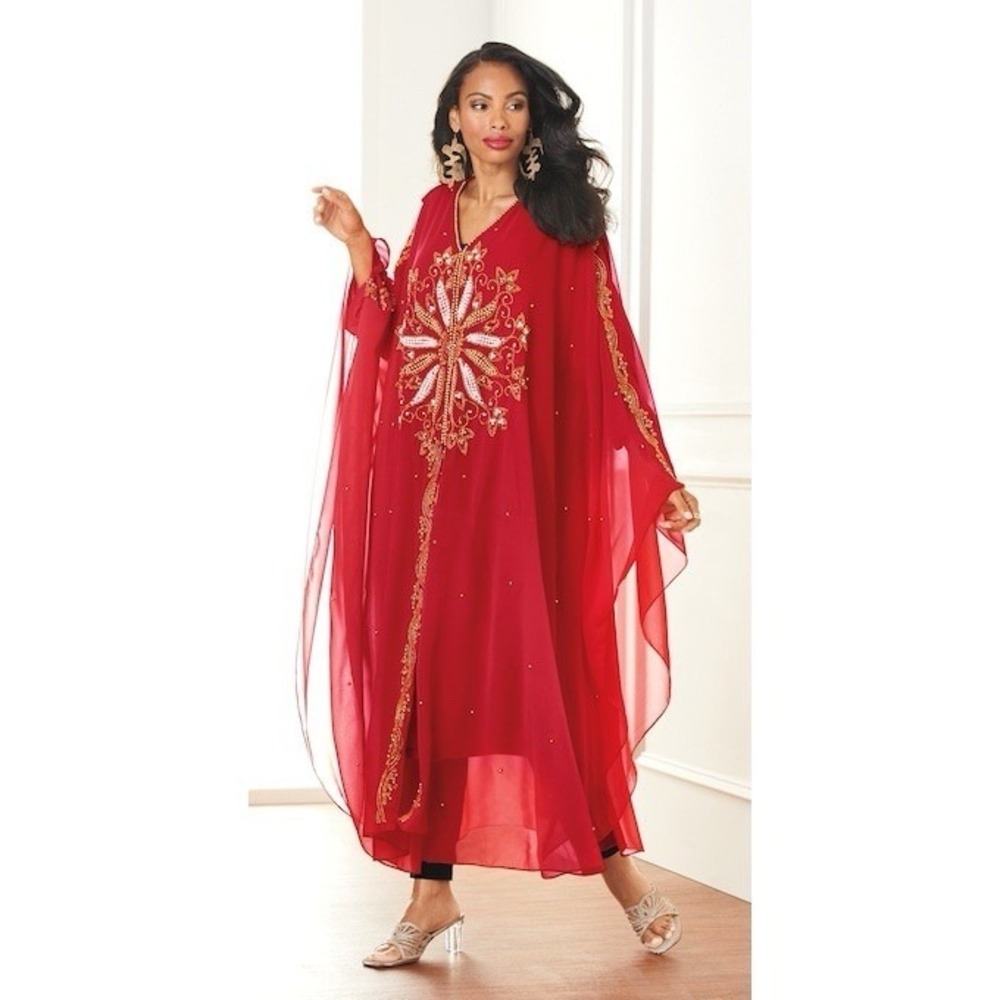 Ashro Red Ethnic African American Pride Beaded Enchanted Long Caftan One Size